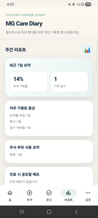 주간 리포트 화면 — 투여율·증상 요약·PDF 저장